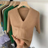 Women's Short Sleeve V-Neck Slim Fit Knit Sweater - Korean-Inspired Pullover Top