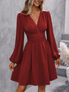 Asymmetric V-Neck Lantern Sleeve Knit Dress – Shirred Waist A-Line Winter Dress for Women