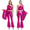 Women's 70s Disco Metallic Jumpsuit – Retro Hippie Bell-Bottom with Tiered Flare Sleeves, Back-Zip Party Costume