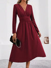 Women's Knit V-Neck Long Sleeve Midi Maxi Dress with Shirred Waist - Fall/Winter Solid Color