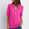 Women's Loose V-Neck Chiffon Blouse with Zipper Pullover — Casual Plus Size
