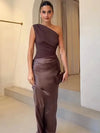 Julissa Mo One-Shoulder Patchwork Satin Maxi Dress Brown – Sleeveless Slim Evening Party Dress