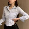 Women’s White Chiffon Button-Down Blouse with Pocket — Long Sleeve Lapel Office Top
