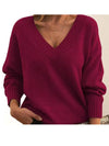 Plus Size V-Neck Knit Sweater for Women - Long Sleeve Loose Pullover, Red, Autumn/Winter