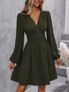 Asymmetric V-Neck Lantern Sleeve Knit Dress – Shirred Waist A-Line Winter Dress for Women