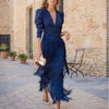 Elegant Deep V Neck Tassel Spliced Long Sleeve Maxi Dress for Women – A-Line Prom & Party