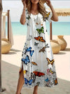 Plus Size V-Neck Butterfly Print Dress - Short Sleeve Split Hem Summer Beach Dress