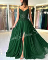 Green Satin Evening Gown with Applique Halter V-Neck Backless Formal Ball Dress
