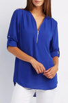 Women's Summer Loose Chiffon Blouse Deep V-Neck Zipper Pullover Casual Plus Size