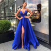 Royal Blue Satin Halter Evening Gown Floor-Length A-Line Ball Dress with High Split