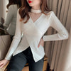 Women's Hollow Knit V-Neck Long Sleeve Slim Stretch Pullover — Lightweight Autumn/Winter Layering Top
