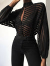 Women's Black Mesh Sheer Blouse – Long Sleeve Striped Hollow-Out Mock Neck Back-Button Top