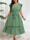 Plus Size Floral Midi Dress 1XL-5XL - V-Neck Ruffled Sleeves with Belt, Bohemian Wedding Guest & Garden Party Dress