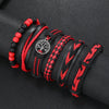 6-Pack Red & Black Handmade Wrap Leather Bracelets with Wood Beads - Adjustable Unisex Boho Bangle Set