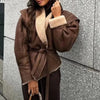 Women's Faux Leather Belted Coat with Fur Trim – Streetwear Elegant Outwear