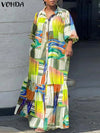 Plus Size 5XL Bohemian Printed Maxi Dress Long Sleeve Button-Front Vintage Casual Sundress