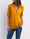 Women's Summer Loose Chiffon Blouse Deep V-Neck Zipper Pullover Casual Plus Size