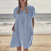 Women's Plus Size Summer Short Sleeve Button-Front Knee-Length Loose Fit Dress with Lapel Pockets L-5XL