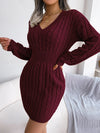 VigoCasey V-Neck Long Sleeve Knit Dress – Women's Autumn/Winter Solid Bodycon A-Line Ankle-Length