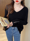 Long Sleeve V-Neck Button Knit Pullover Sweater for Women — Autumn/Winter Loose Fit Solid Jersey Top