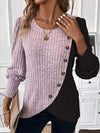 Plus Size 1XL-3XL Women's Winter Patchwork Striped O-Neck Pullover Sweater with Button Detail, Loose Knit