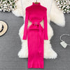 YUOOMUOO Turtleneck Wrap Midi Knit Sweater Dress with Belt - Long Sleeve Bodycon, Autumn/Winter, One Size