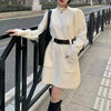 Autumn Winter Striped Knit Sweater Dress with Double Pockets, Korean Casual Loose Long Sleeve