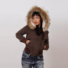 Vintage Brown Short Stand Collar Jacket for Women - Slim Full-Sleeve Detachable Fur Collar Autumn Winter Outerwear