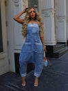 Women's Off-Shoulder Denim Jumpsuit – Sleeveless Harem Overalls with Color Block Patchwork, Mid-Length Casual Streetwear
