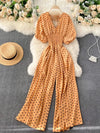 Women's Summer Polka Dot V-Neck Jumpsuit Korean Retro Puff Sleeve Belted Wide-Leg