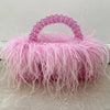 Pearl Bead Feather Fur Acrylic Crystal Box Clutch — Handmade Evening Party Handbag