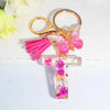 Pink Dried Flower Resin Initial Keychain with Butterfly Tassel A-Z Letter Keyring for Women Valentine's Gift