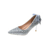 Women's Silver Ribbon Rhinestone Stiletto Pumps Pointed Toe High Heels Lightweight (EU 34-43)