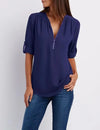 Women's Loose V-Neck Chiffon Blouse with Zipper Pullover — Casual Plus Size