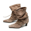 Liyke Brown Suede Weave Lace-Up Women’s Ankle Boots — Pleated Chelsea Western Low Thin Heels