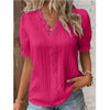 Women's Summer V-Neck Hollow Short Sleeve Top - Chiffon Splice Loose Plus Size Blouse