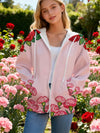 Plus-Size Women's Hooded Zipper Sweatshirt — Pink Pixel Rose Print with Pockets