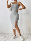 Women's Knitted Suspender Dress Sleeveless Square Neck Midi Side Slit Casual Sheath