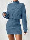 High Neck Knit Mini Dress - Slim Fit Pullover Sweater Dress for Women, Autumn/Winter