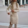 Women's Knitted Turtleneck Sweater Dress - Thick Warm A-Line Mid-Calf Wrap Hip Skirt, Long Sleeve