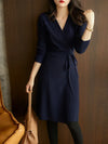 Women's Autumn Winter V-Neck Knit Wrap Dress — Korean Style Elegant A-Line Midi Sweater Dress