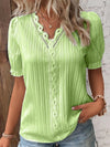 Women's Summer V-Neck Hollow Short Sleeve Top - Chiffon Splice Loose Plus Size Blouse