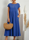 Women’s Vintage Cotton-Linen O-Neck Short Sleeve Maxi Dress – Casual Loose Pleated Summer Sundress