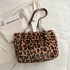 Leopard Print Plush Tote Bag for Women — Soft Faux Fur Shoulder Handbag for Shopping & Work