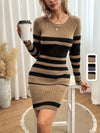ITOOLIN Office Knit Striped A-Line Long-Sleeve Dress for Women – Slim Knee-Length Elegant Autumn/Winter