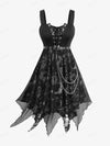 Plus Size Gothic Sun Moon Star Midi Dress - Lace-Up Grommet Sleeveless with Belt & Chain