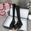 Women's Winter Knee-High Back-Zip Platform Boots Plush-Lined Square Heel Round Toe