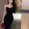 Vintage Red Velvet Spaghetti Strap Midi Dress with Side Slit – Bandage Bodycon Party Prom