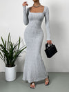 Women's Square Neck Mid-Length Knit Dress Slim Fit Long Sleeve Wrap Retro Fall Casual
