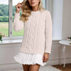 Women’s Winter Cable Knit Chiffon-Splice Round Neck Mini Dress – Casual Slim Fit